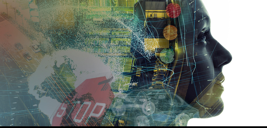 graphical image of female's profile with traffic symbols surrounding her head